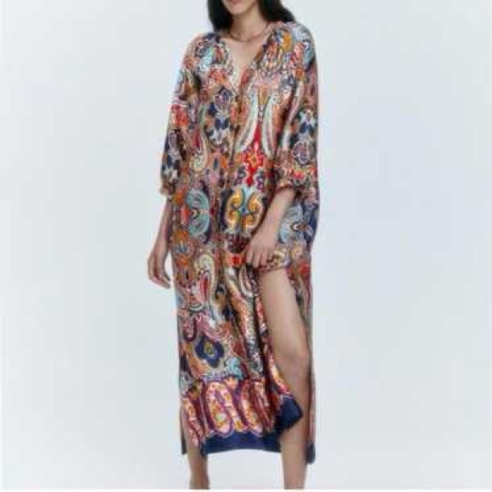 Zara Paisley Boho long Dress Size S Button Front boxy resortwear festival scarf - Picture 11 of 12